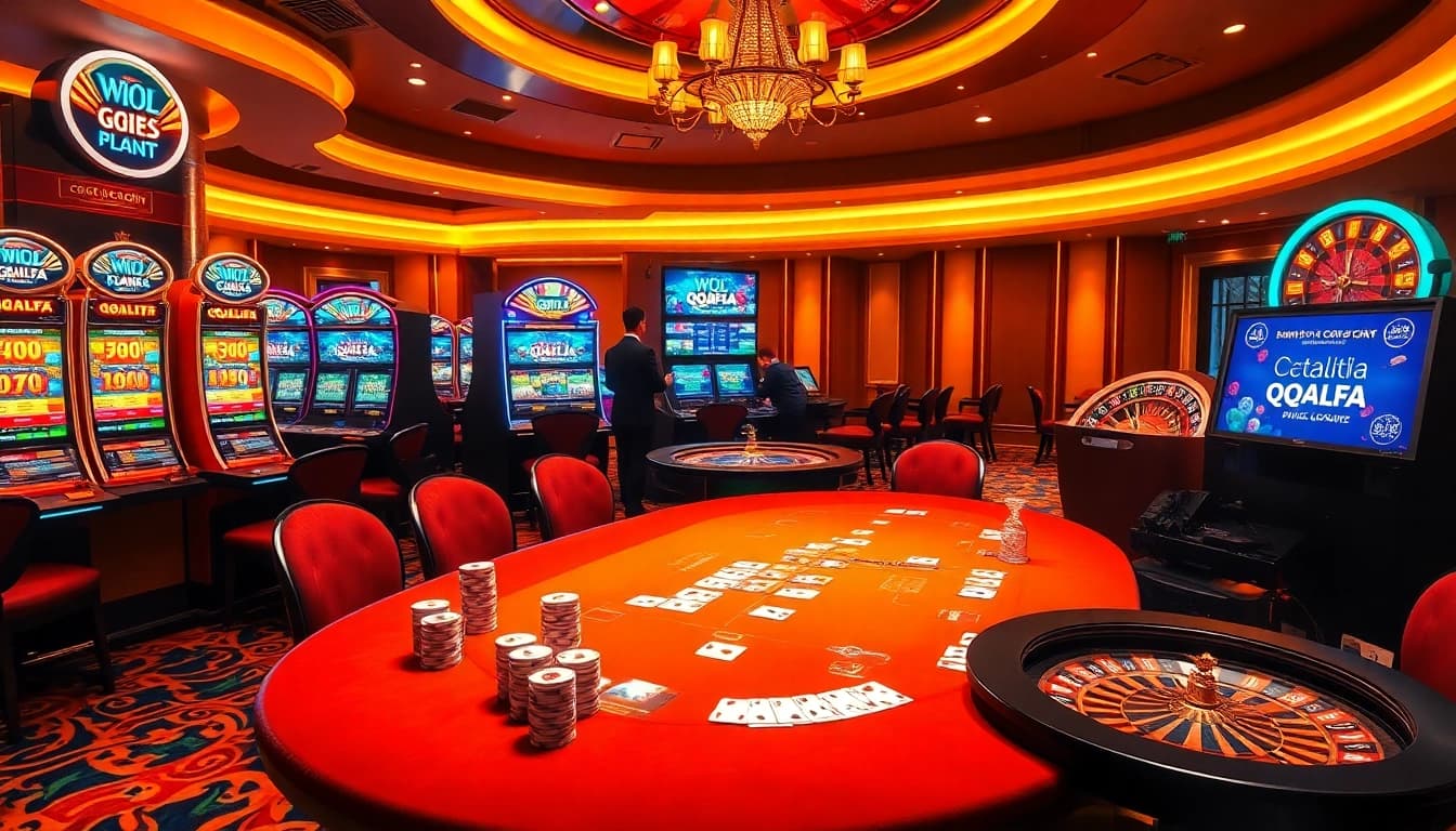 Experience the thrilling gameplay at QQALFA, where poker chips and vibrant slot machines bring excitement to online gambling.