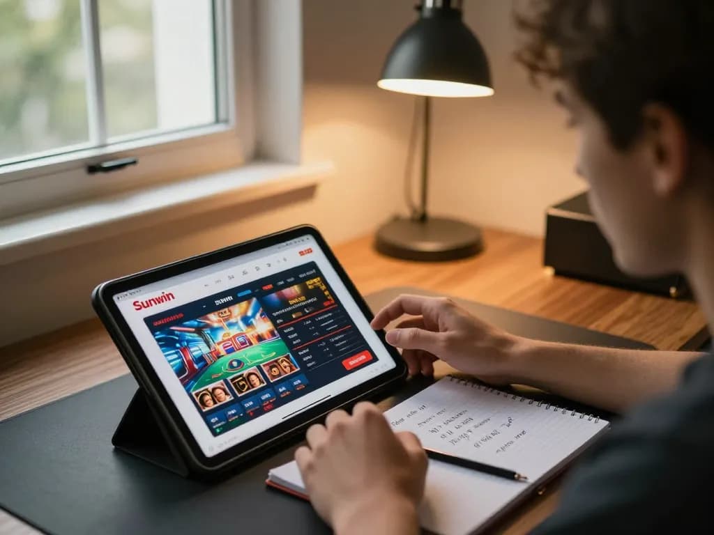 Sunwin online gaming app displayed on a tablet, enhancing the home gambling experience.