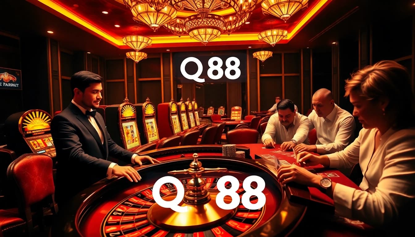 Experience the thrill of QQ88 with an engaging casino scene showcasing roulette, poker, and vibrant slot machines.