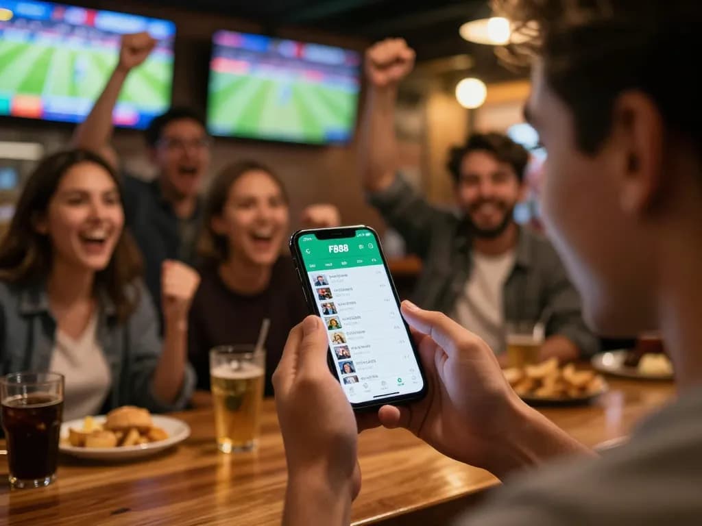 Experience sports betting excitement with FB88, friends cheering in a lively bar, showcasing the thrilling atmosphere.