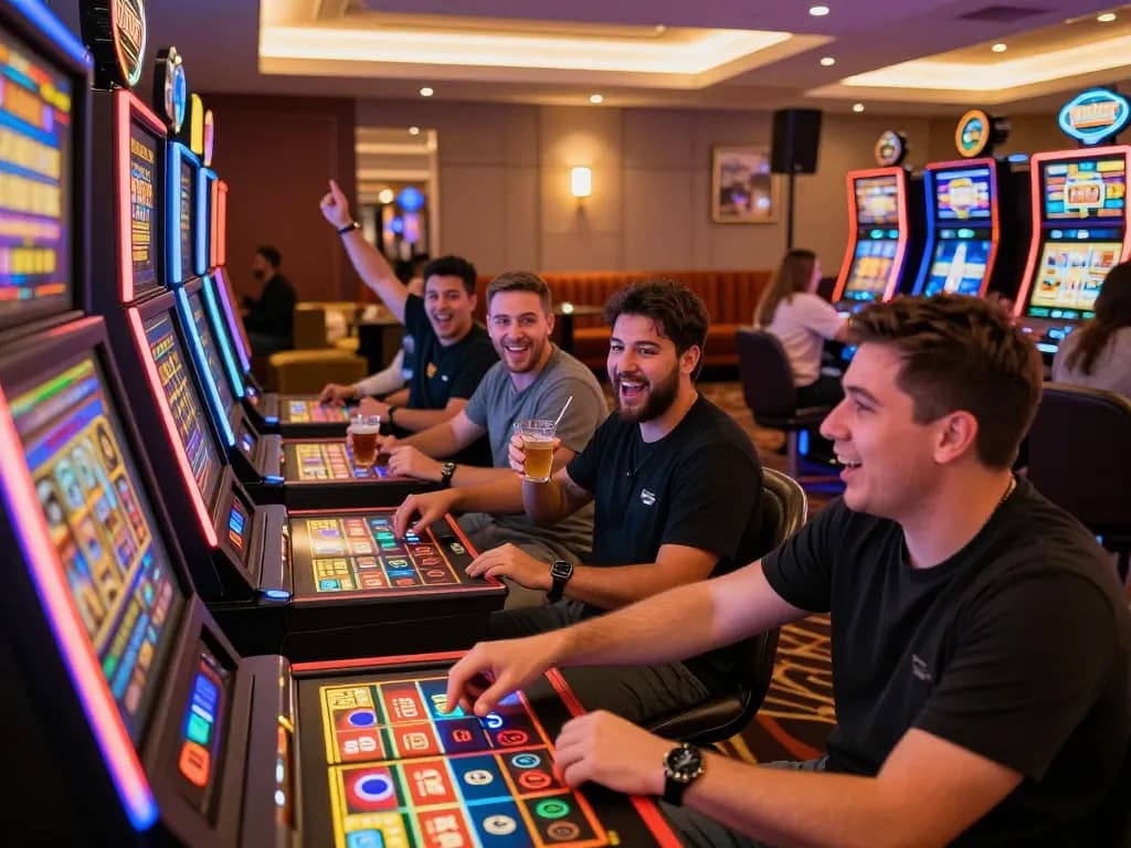MM88 players engaging at lively slot machines, enjoying a fun and strategic casino experience.