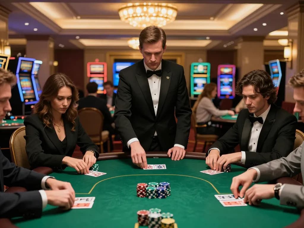 Engaging scene of Game bài đổi thưởng with players at a poker table amid luxurious casino lighting.