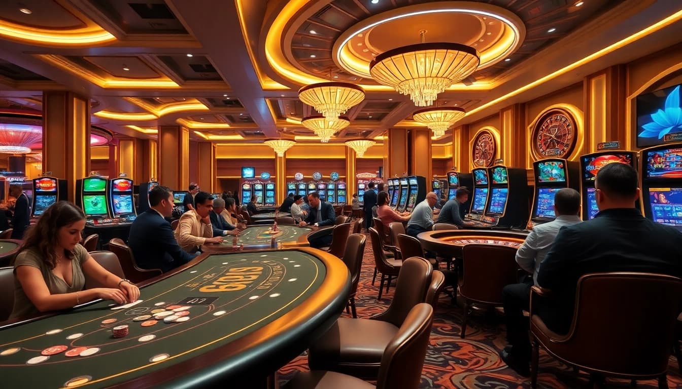 KJC casino scene featuring vibrant gaming tables and excited players engaging in entertainment.