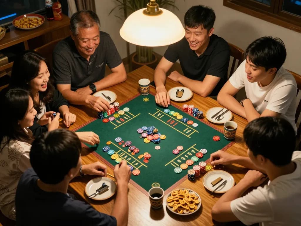Xóc đĩa game with family enjoying gambling fun, colorful chips and dicing excitement.