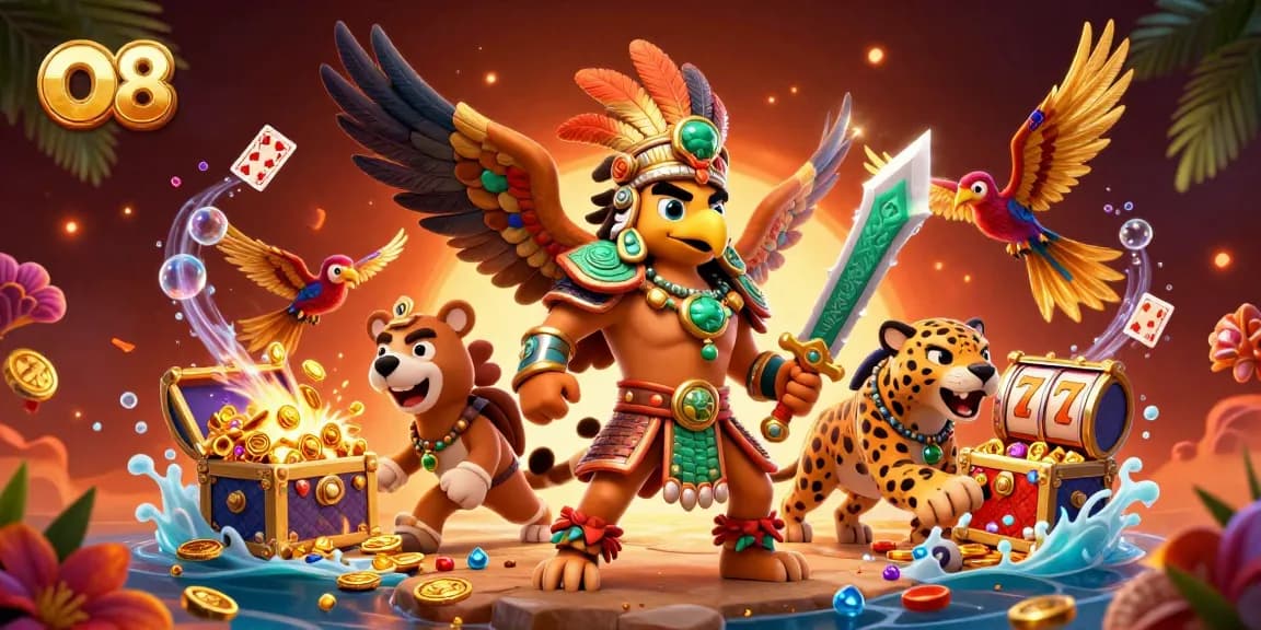 Join the excitement with O8 as Aztec warriors engage in a dynamic 3D gaming scene packed with vibrant treasures and fun.