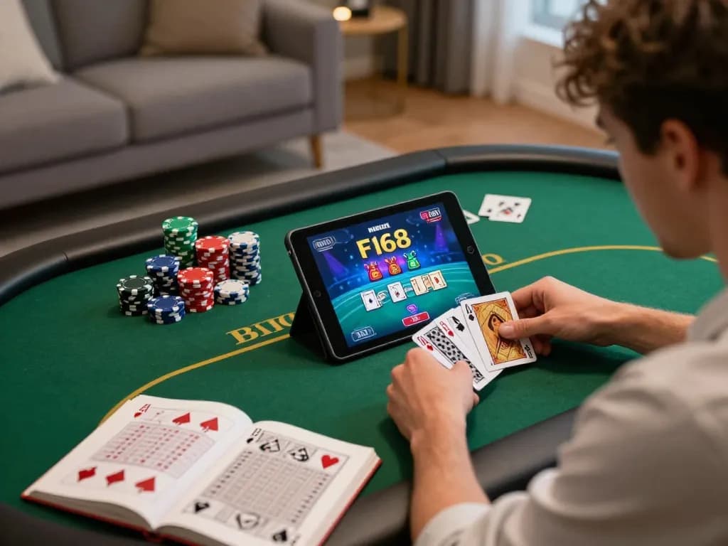 Player engaging in a vibrant F168 poker game on tablet with strategy notes and chips.