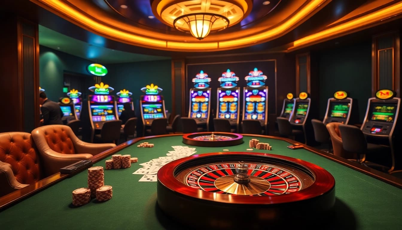 Players enjoying an exciting poker game at a professional casino table with high stakes, symbolizing nhà cái uy tín.