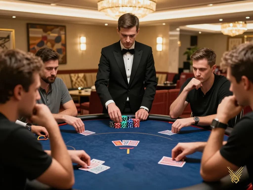 Players strategizing during a thrilling poker game at New88 casino, showcasing high-stakes action.