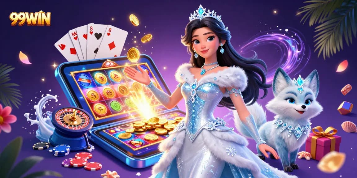 Play exciting casino games with 99WIN, showcased by a stunning woman and arctic fox in a vibrant scene.