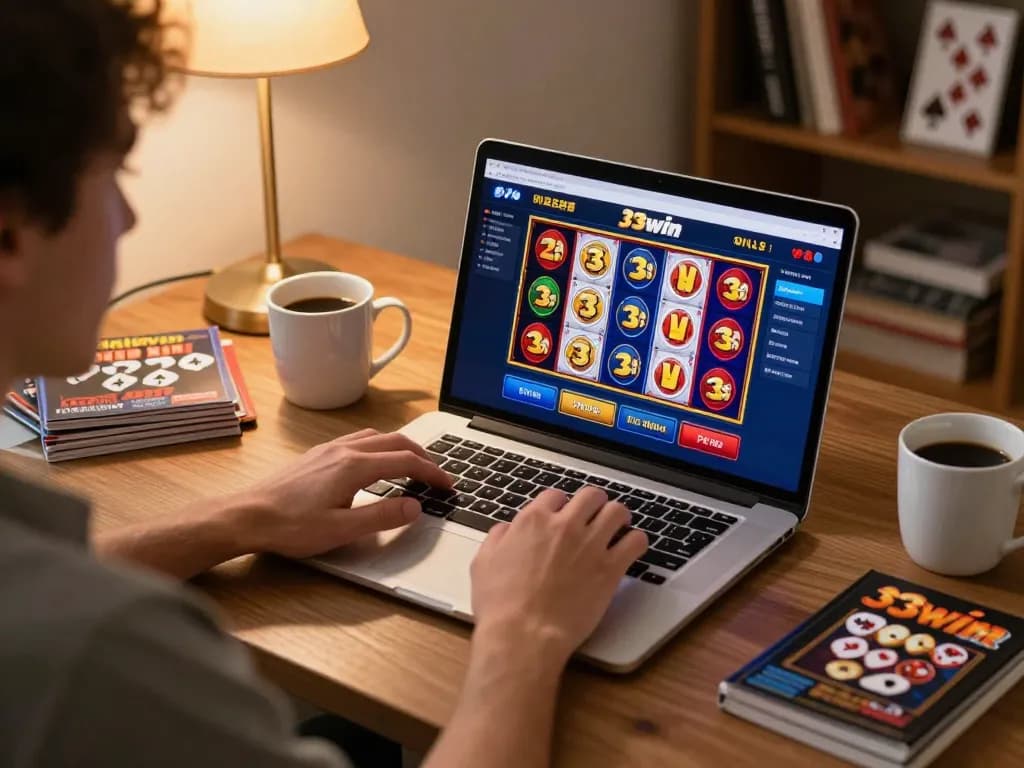 Player engaging with 33win platform on laptop, showcasing colorful gaming interface and strategy notes.