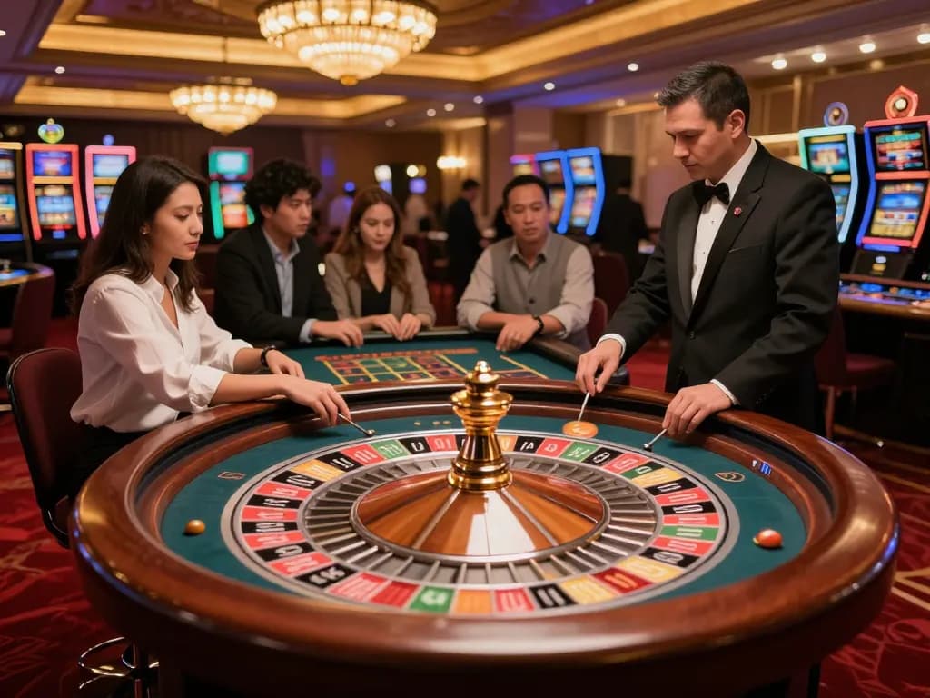 Exciting roulette gameplay at Fabet with spinning ball and engaged players enjoying the thrill of betting