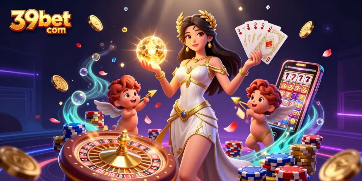 Experience interactive gaming at 39bet com with a stunning goddess, cherubs, and rich casino elements.