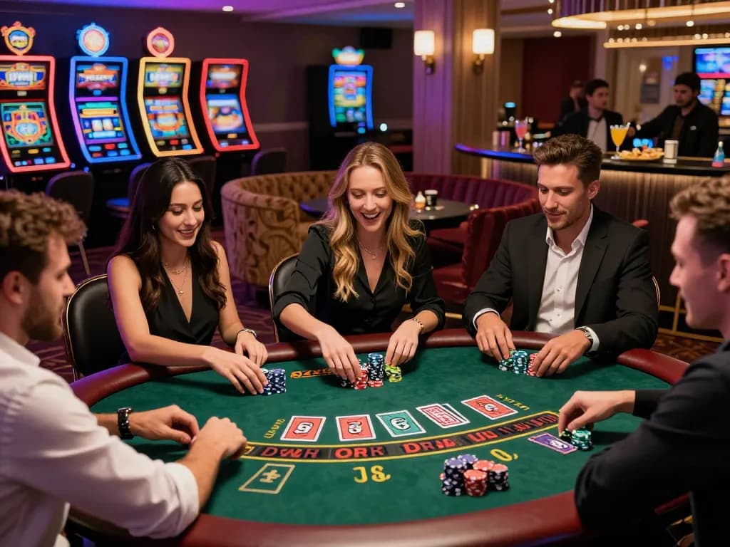 Group celebrating at a blackjack table in a vibrant casino, enjoying rikbet gaming.