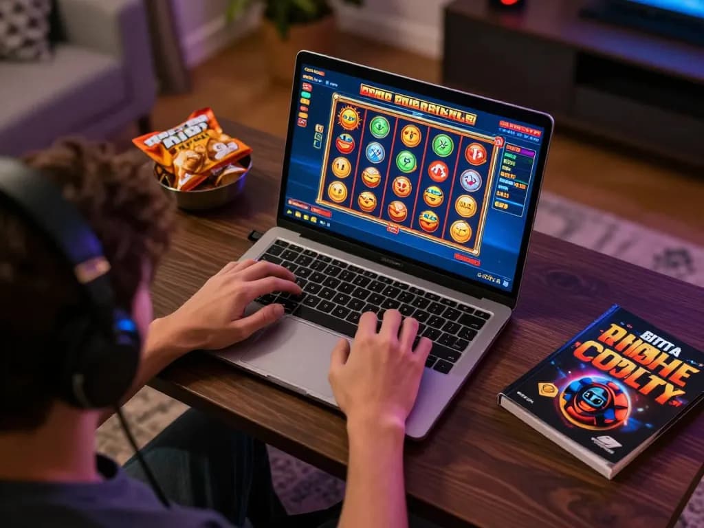 Engaging online gaming moment with zbett, showcasing dynamic slot reels and a cozy home environment