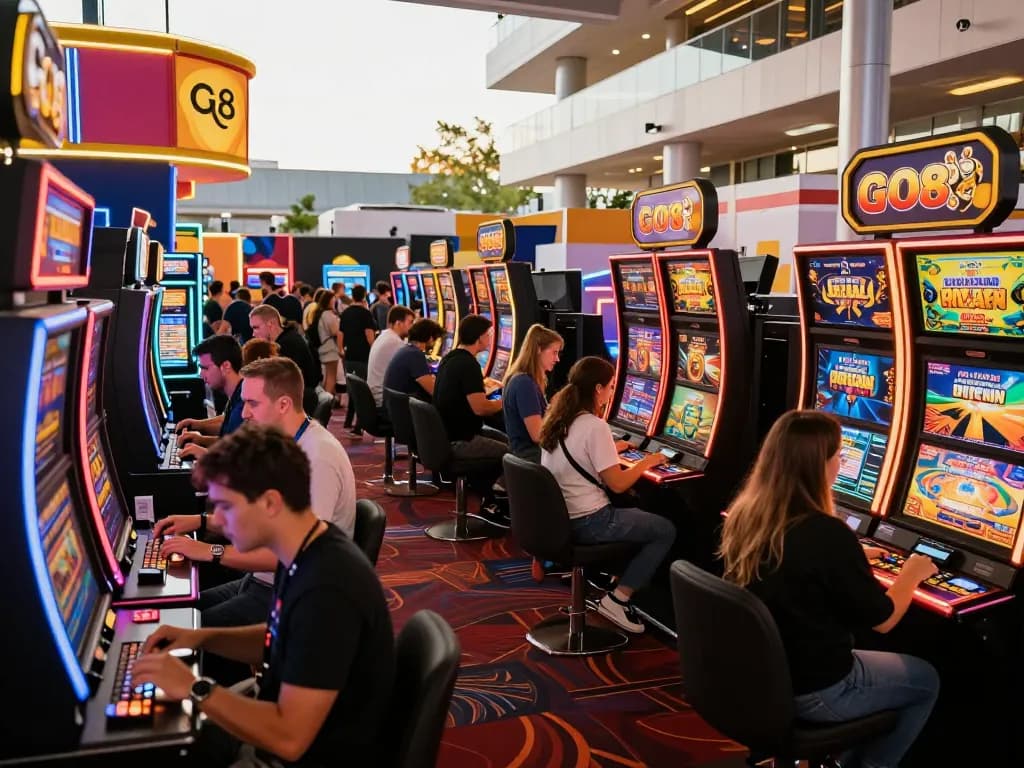 GO8 casino expo attendees enjoying gaming innovations at vibrant outdoor event.