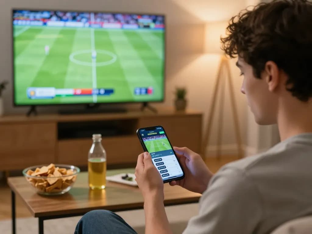 Bongdallu user engaging in live sports betting on smartphone during a football match.