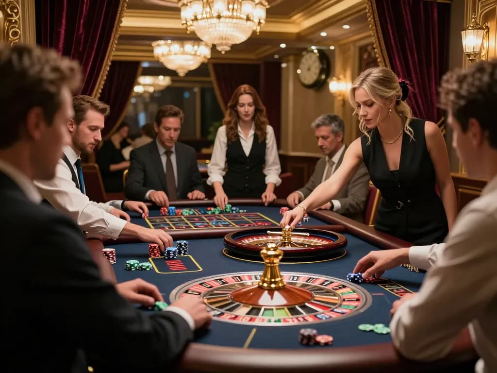 Players enjoying a thrilling game at LV88's roulette table in luxurious casino ambiance.