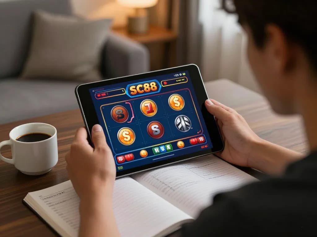Player engaged with SC88 online casino app for strategic gameplay in a cozy home setting.