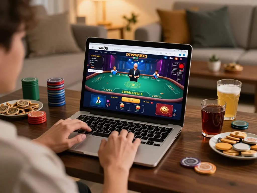 Engaging with the ww88 online casino on laptop, showcasing a live dealer game in a cozy setting