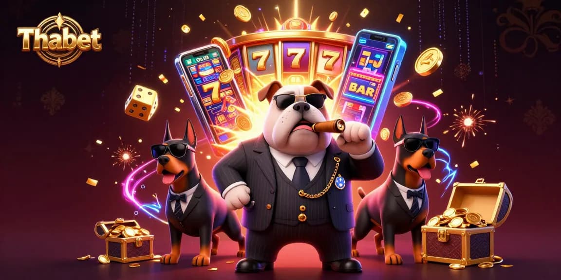 Thabet's thrilling casino experience illustrated with a mafia bulldog and dynamic game elements.