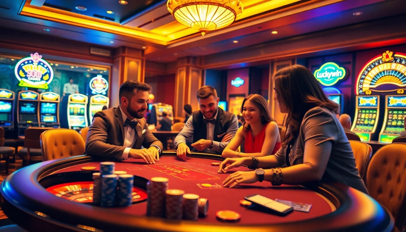 Experience the excitement of Luckywin at a luxurious casino poker table with vibrant chips and roulette.