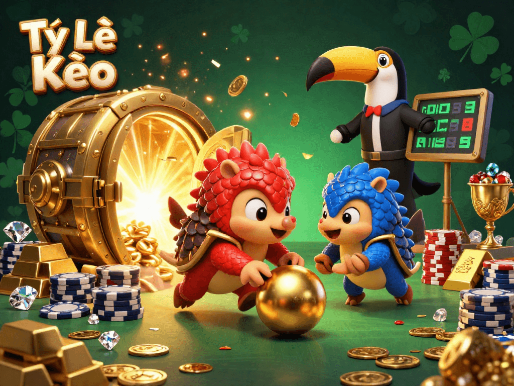 Tỷ Lệ Kèo displays a dynamic rivalry between cartoon pangolins amidst gold and poker chips.