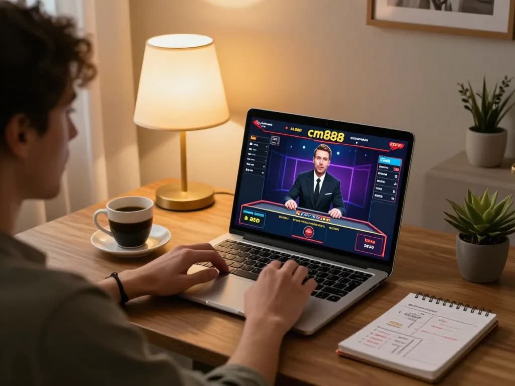Player engaging with cm888 online casino interface on laptop in cozy home setting