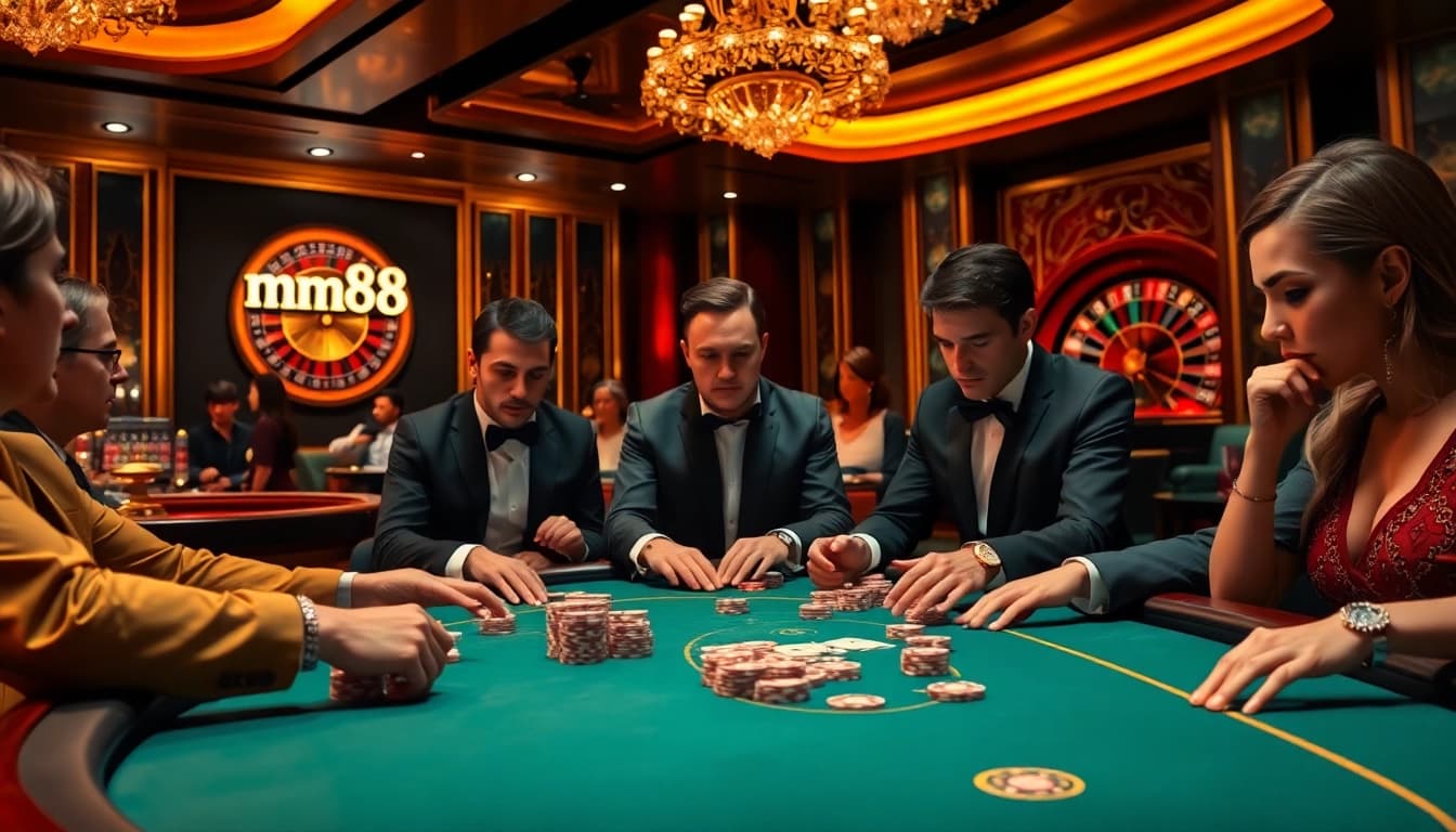 Engage in thrilling gameplay at mm88 with high-stakes poker games in an upscale casino environment.