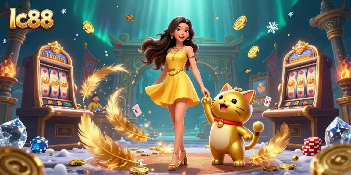 Experience the excitement of lc88 with a vibrant 3D illustration featuring a cheerful Asian woman and a golden lucky cat.