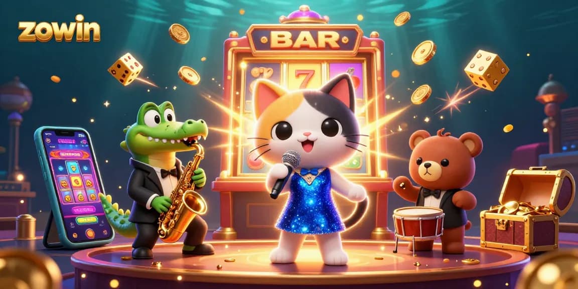 Zowin players engage in thrilling slot action amidst vibrant casino characters and festive symbols.