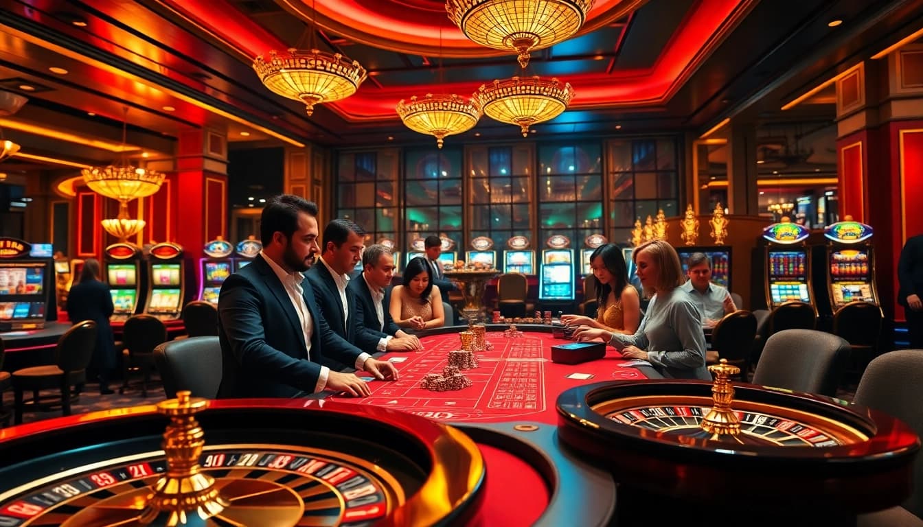 Gamblers enjoying a thrilling game atmosphere at https://88clbs.in.net/ with vibrant tables and professional croupiers.