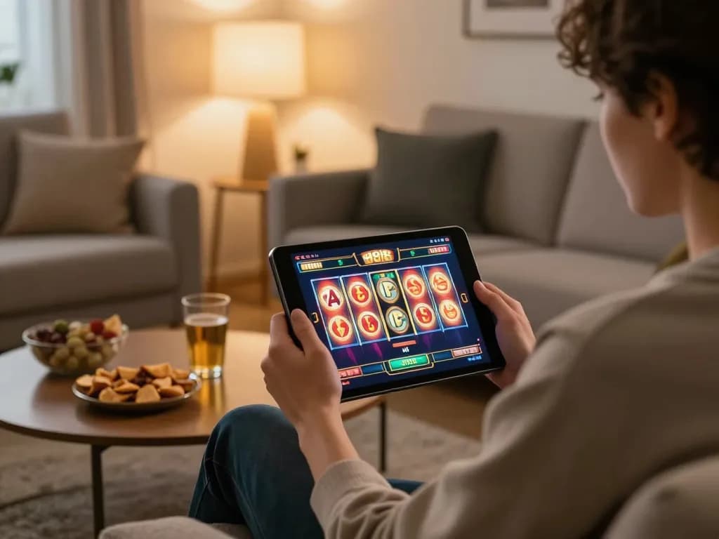 Player enjoying a slot88 session on tablet in a cozy living room, highlighting responsible gaming.