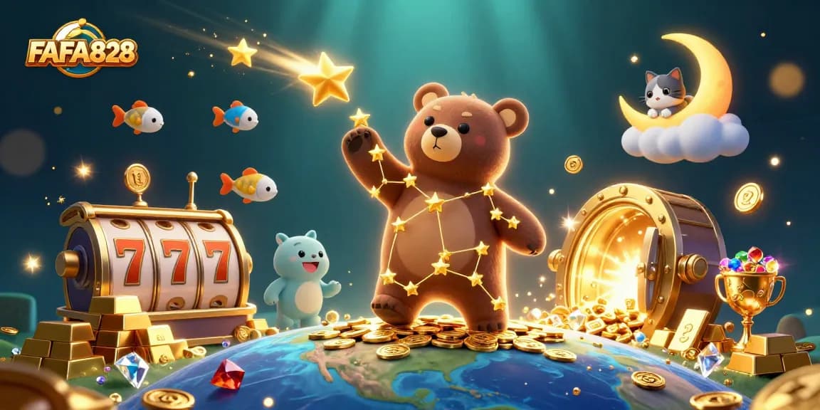 FAFA828 slots scene featuring a constellation bear, jackpot elements, and sparkling treasures.