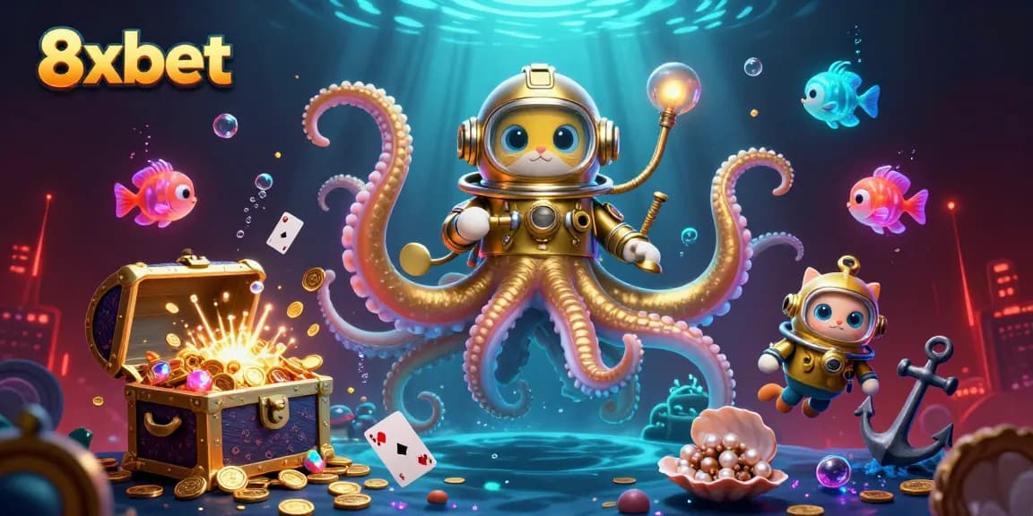 Experience thrilling gameplay with 8xbet's dynamic treasure-filled scene featuring a kraken and diving cat.