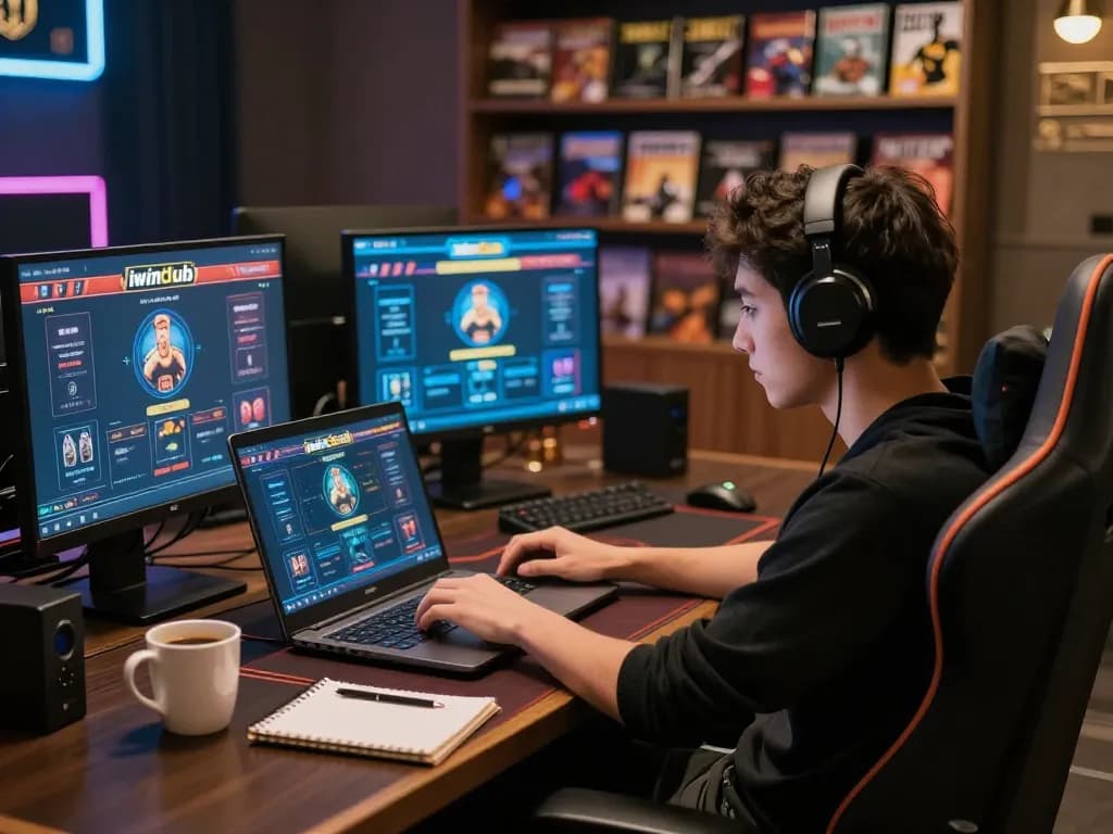 Engaging with iwinclub online games, a player analyzes strategy at home in a cozy setting.