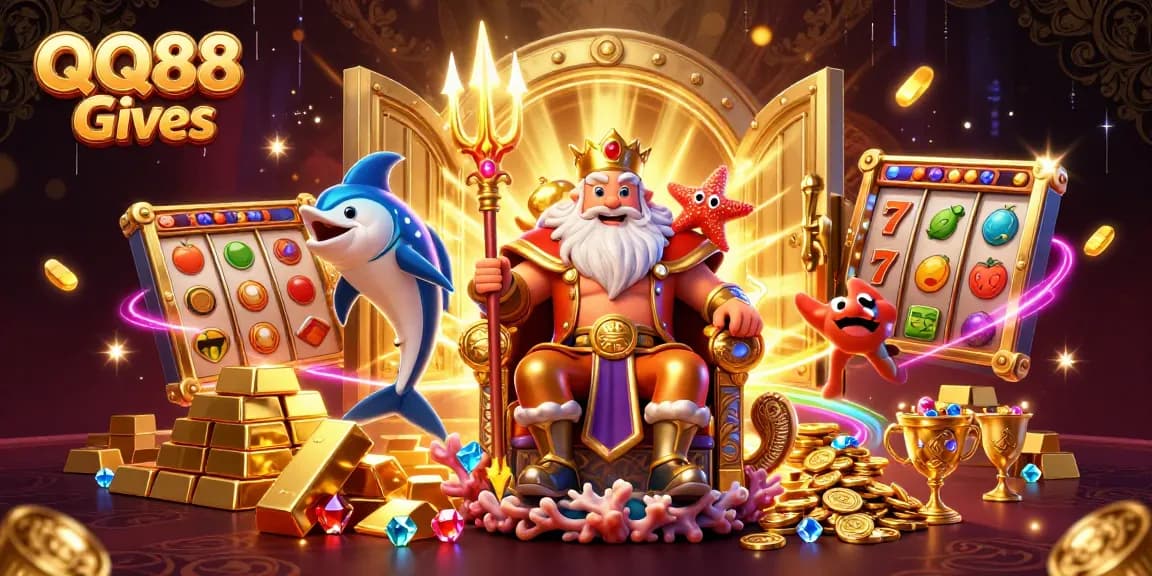Experience the thrill of QQ88 Gives with Neptune, treasure, and slot game elements in a vibrant casino scene.