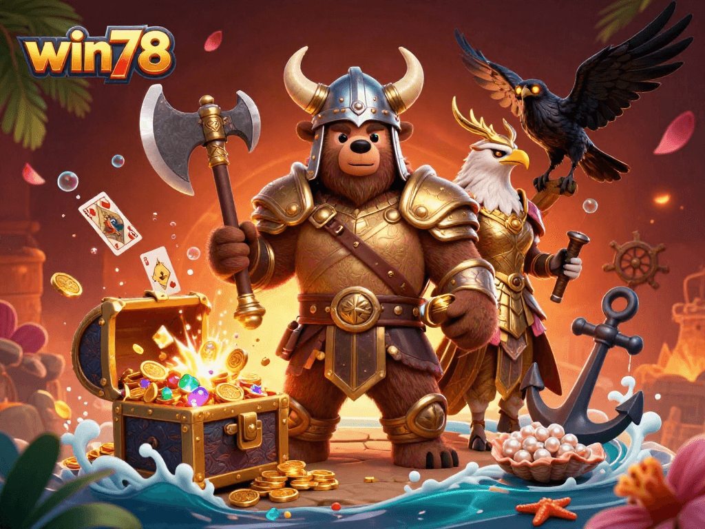 Win78 features a Viking bear and Valkyrie eagle in an explosive casino adventure.