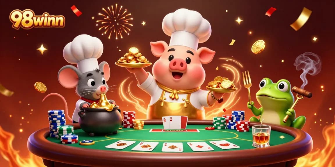 Experience the vibrant world of gambling with 98winn, featuring culinary delights of gold coins in a lively casino.