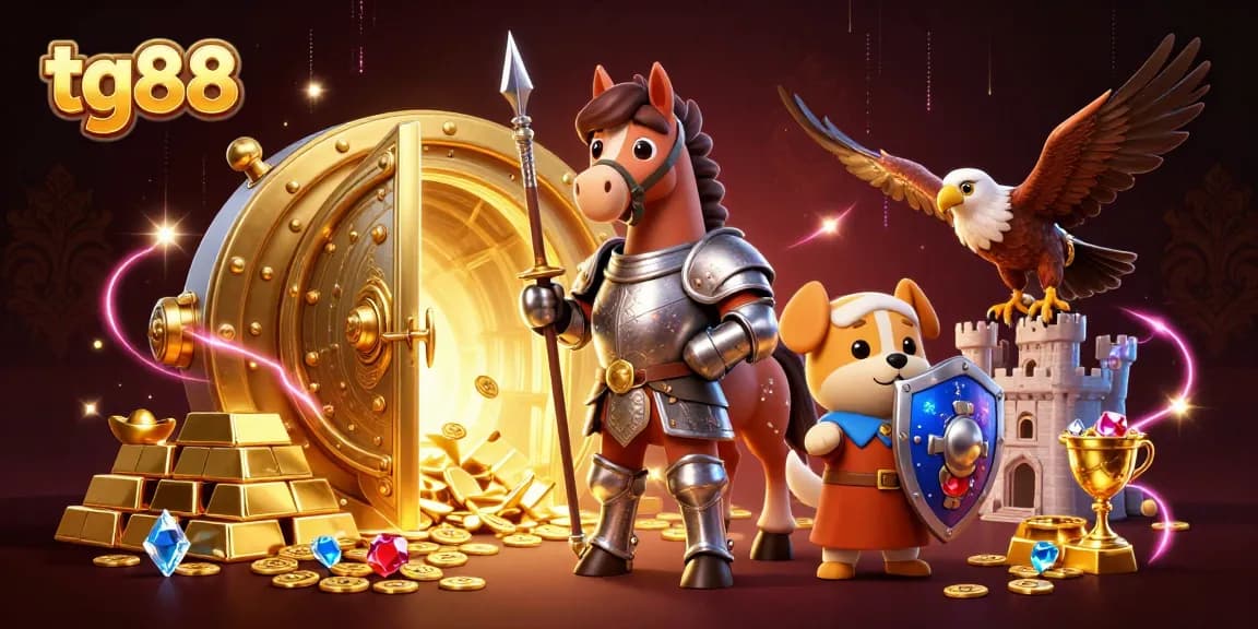 Experience the thrill of tg88 casino gaming with a dynamic scene of animated characters and treasure.