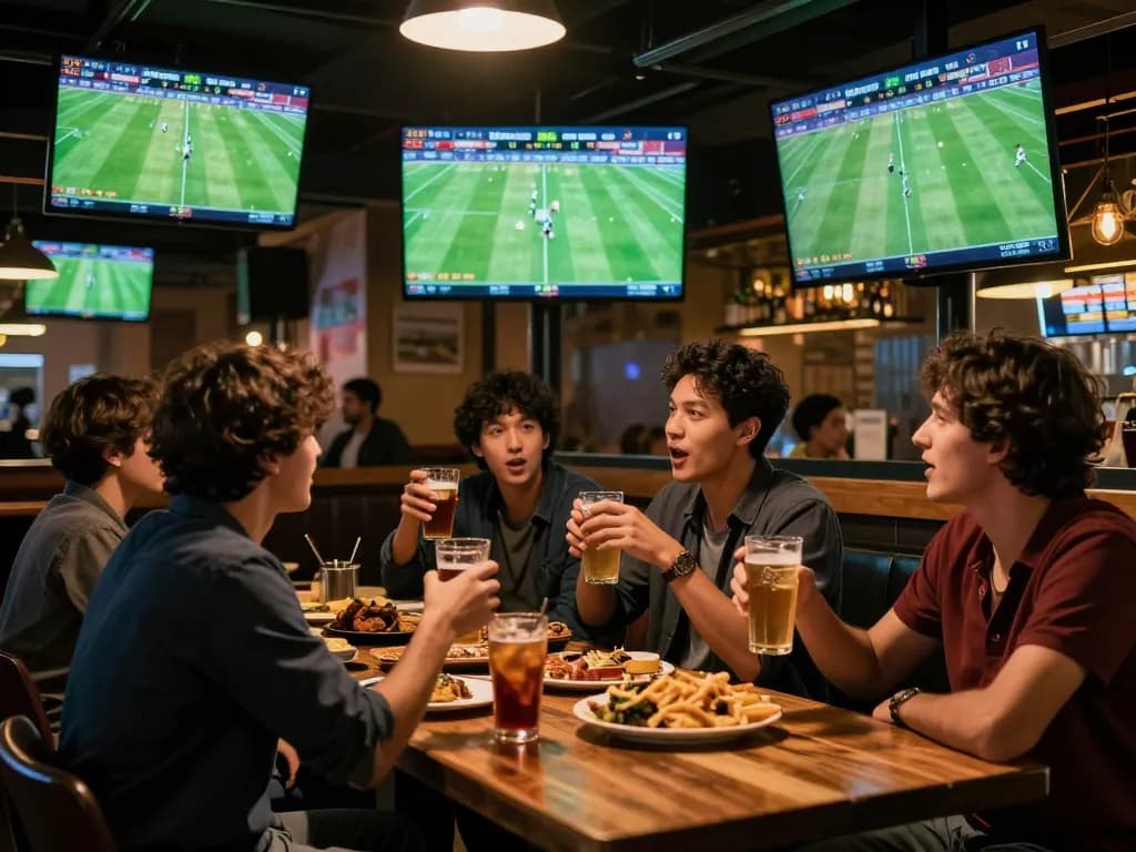 Watching kết quả bóng đá live at a vibrant sports bar with patrons engaged in betting.