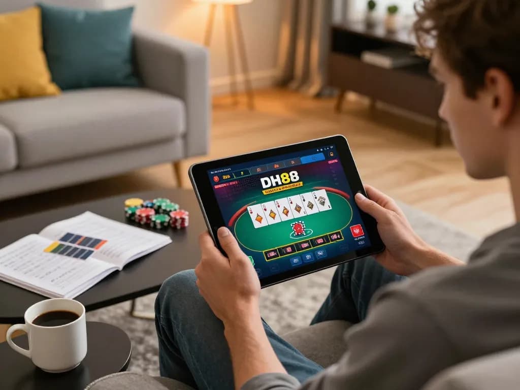 Engaging online gaming experience with DH88 poker table displayed on a tablet.