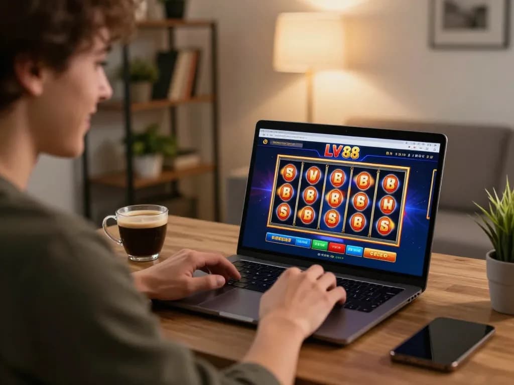 Player engaging with LV 88 online gaming platform on laptop, focusing on exciting slot machine action.