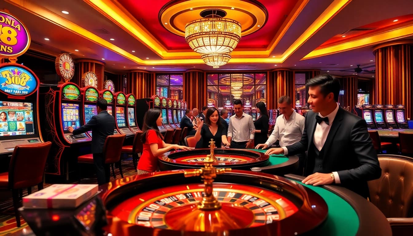 Experience the excitement of Jun88 with vibrant slot machines and a lively casino atmosphere.