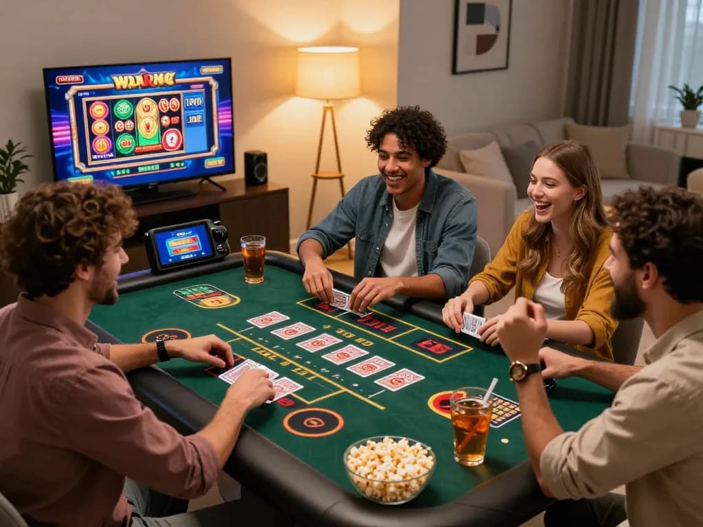 Excited friends enjoying a lively session at 23win's online casino games.