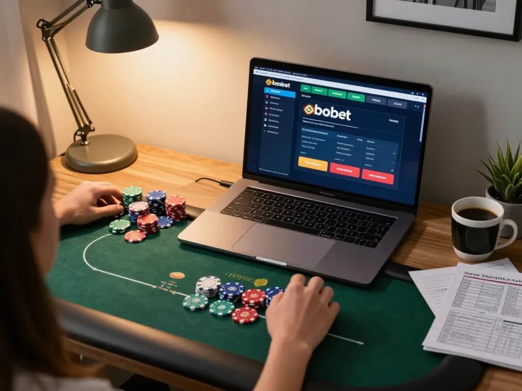 Sbobet online poker gameplay showing chips being placed on the table in a cozy home office