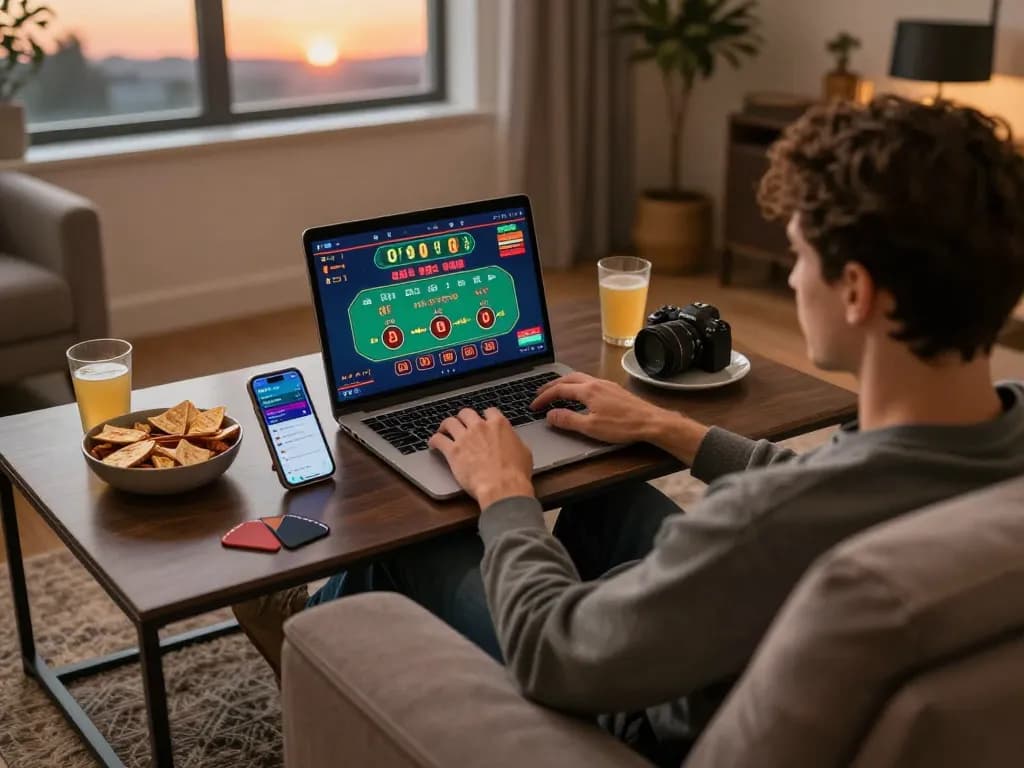 Engaged player at home using 79king app for live dealer blackjack with comfortable atmosphere.