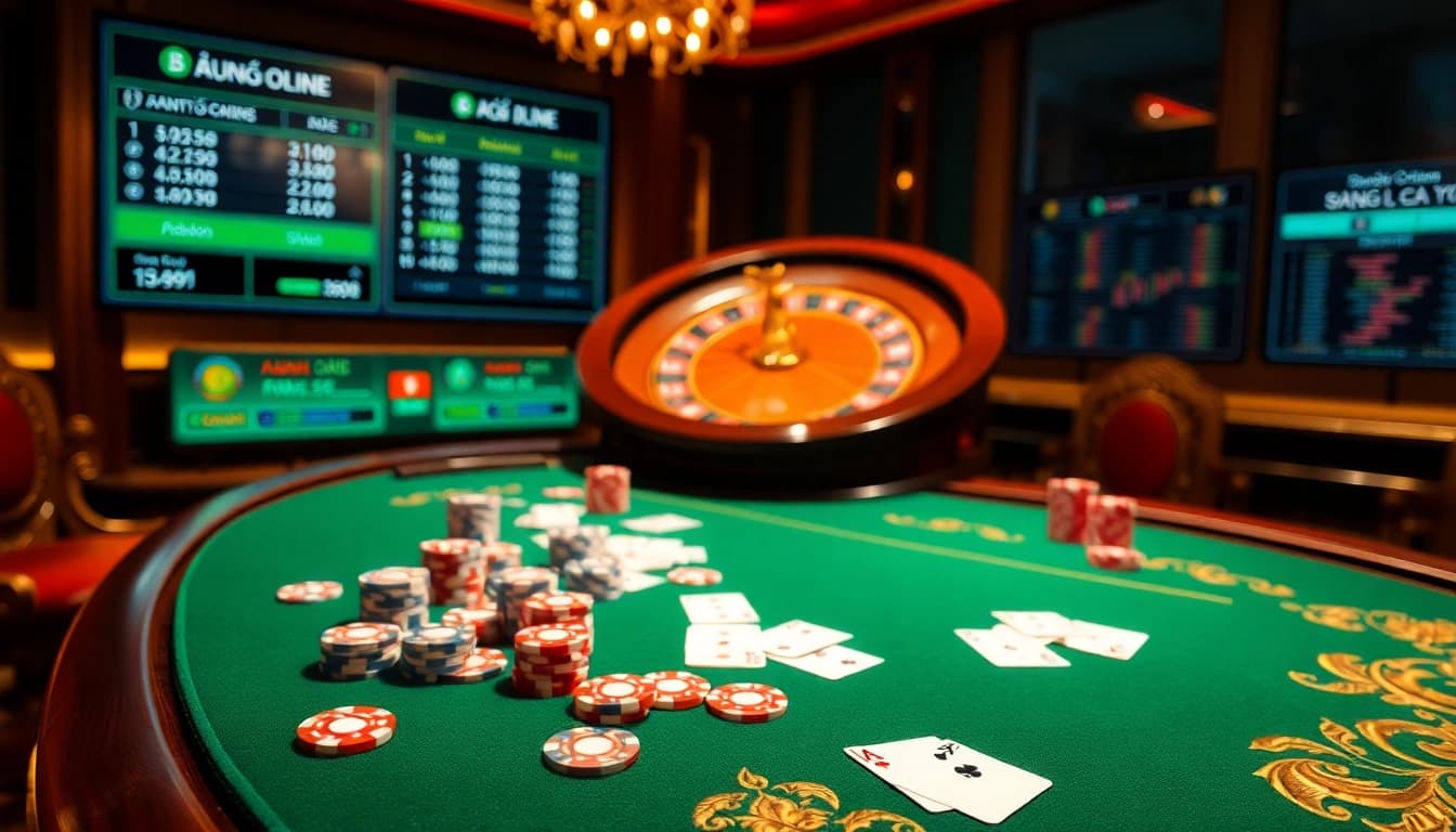 Engaging in Đánh Lô Đề Online with poker chips and virtual betting screens in a vibrant casino setting.
