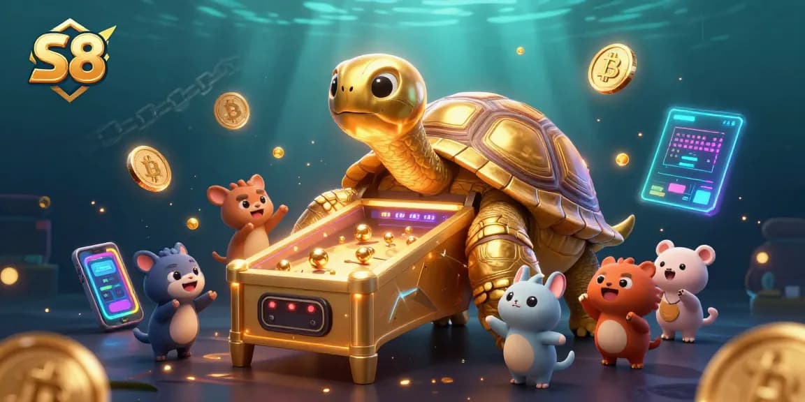 Experience thrilling slot action at S8 with cartoon illustrations of casino fun and prizes.