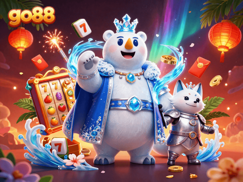 Join the excitement of go88 with an ultra-detailed 3D casino scene featuring the polar bear king!