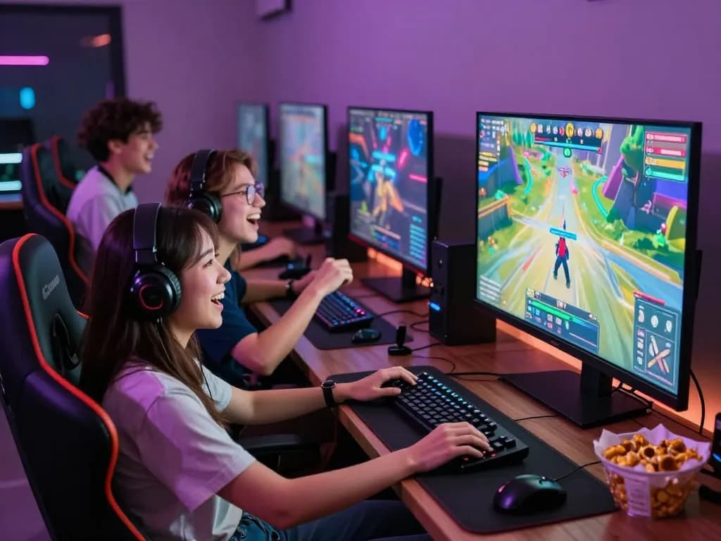 BJ888 online gaming excitement with friends enjoying multiplayer games in a vibrant room.